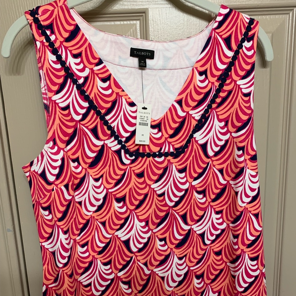 Sleeveless cotton sheath dress, orange, red, white. Size M. New with tags.